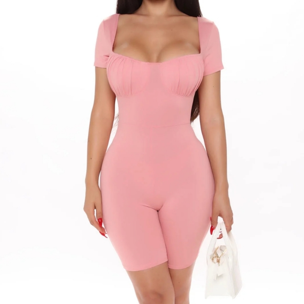 Fashion Nova Pastel Pink Blush Romantic Sweetheart Square Neck Ruffle Romper